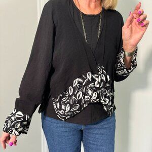 Handmade Long Sleeved Black Cardigan with Black and White Leaf Pattern Accents